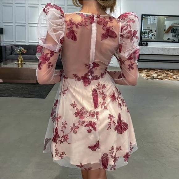 Elegant Sheer Floral Apricot Puff Sleeve Butterfly Printed Mini Dress - Size L - Picture 4 of 5